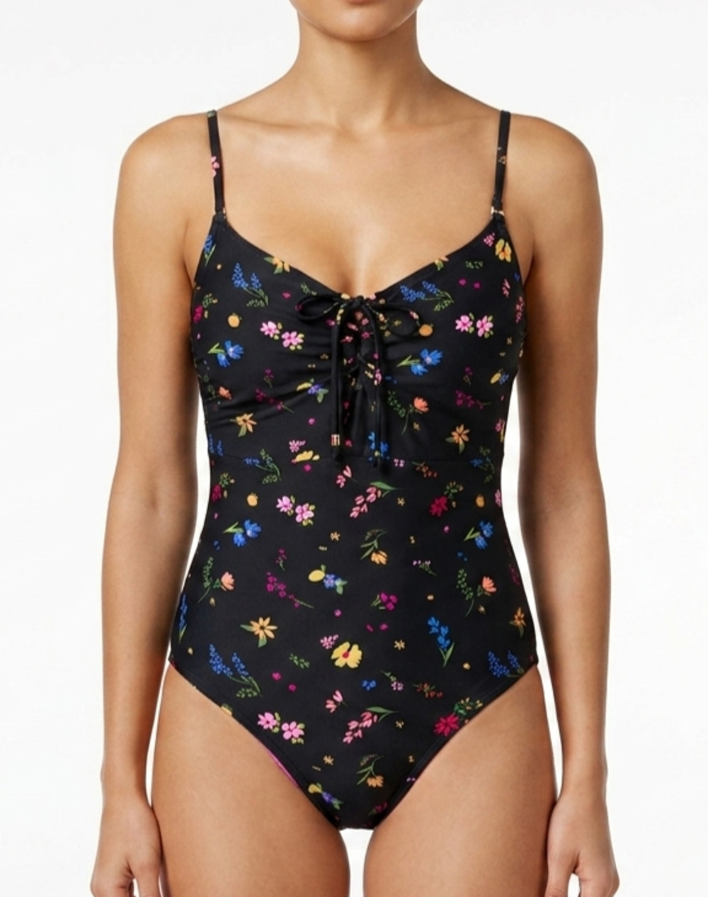 Salt + Cove Women's Floral One-Piece Swimsuit Black Pink Lace-Up Cutout Sz L NEW